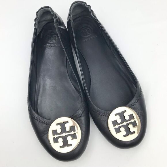 Tory Burch Minnie Travel Black Leather Gold Logo Medallion Soft Ballet Flats - Picture 1 of 16